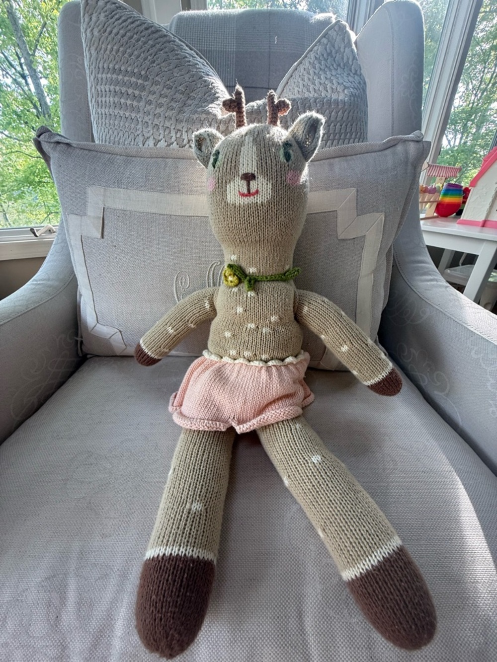 Hand-Knit Lg Hazel The Deer Plush with Pink Skirt pre loved. Clean, smoke free